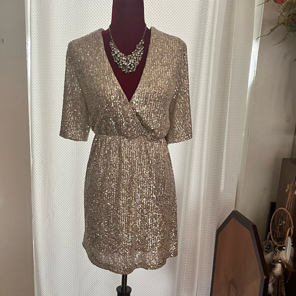 A Beautiful Soul Women’s Champagne Sequined SS Mini Dress (14)